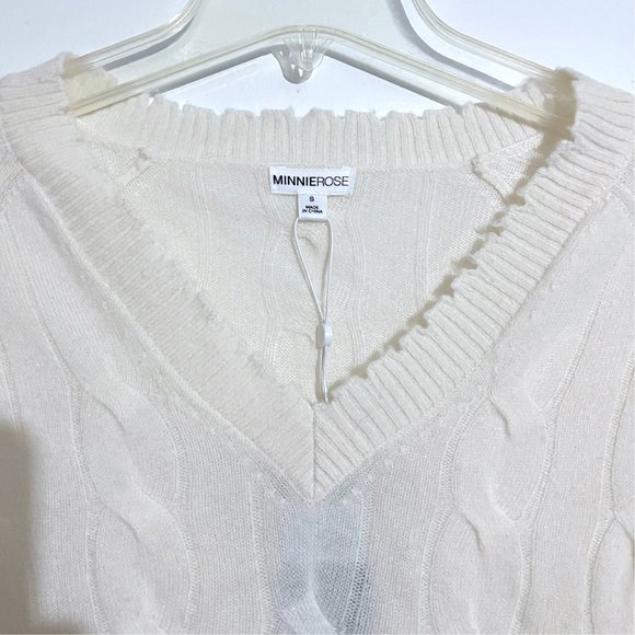 NEW Minnie Rose Cashmere V-Neck Frayed Edges Cable Knit Sweater - Picture 8 of 12